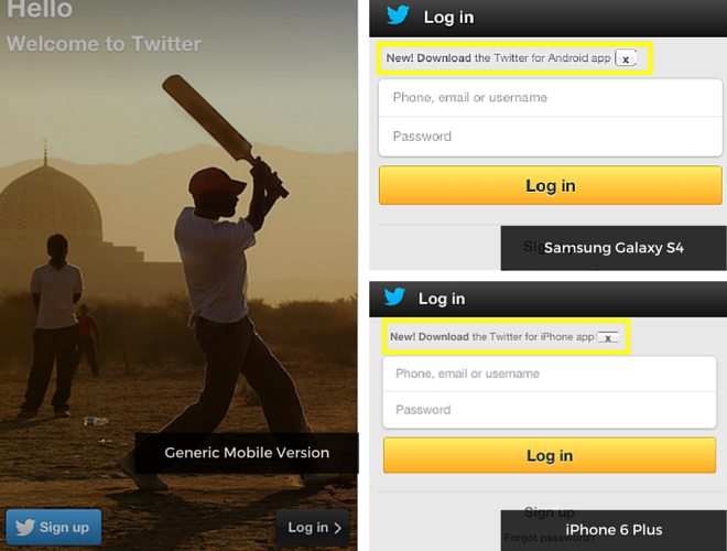 What Twitter site looks like on different mobile devices.